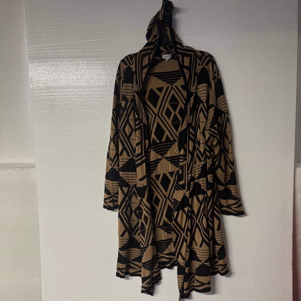 Avenue Cardigan Women 18/20 Tan Black Hooded Open Front Long Geometric Print
